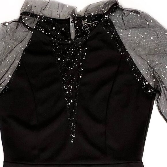 NWT CBR Black Long Sleeve Tulle Silver Paint Splatter Spackle Ruffle Dress S - Picture 2 of 5